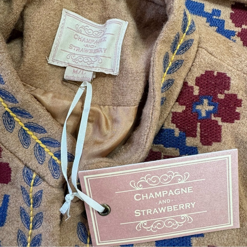 Tan Poncho with Blue Maroon & Yellow Floral Embroidery Champagne and Strawberry - Picture 10 of 10